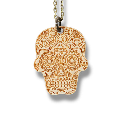 Necklace - Sugar Skull - Snake and Cable Link chains - Birch wood