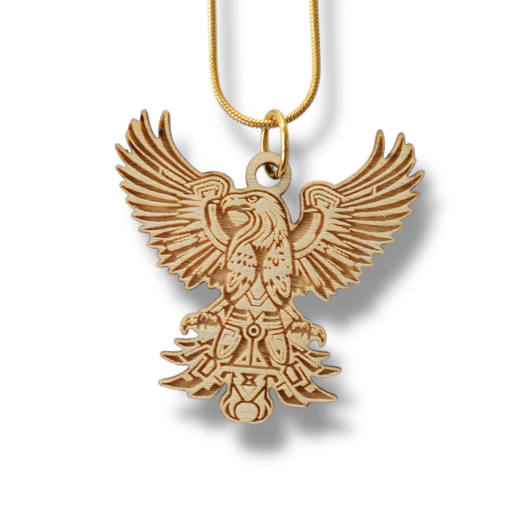 Necklace - Aztec Eagle - Snake and Cable Link chains - Birch wood