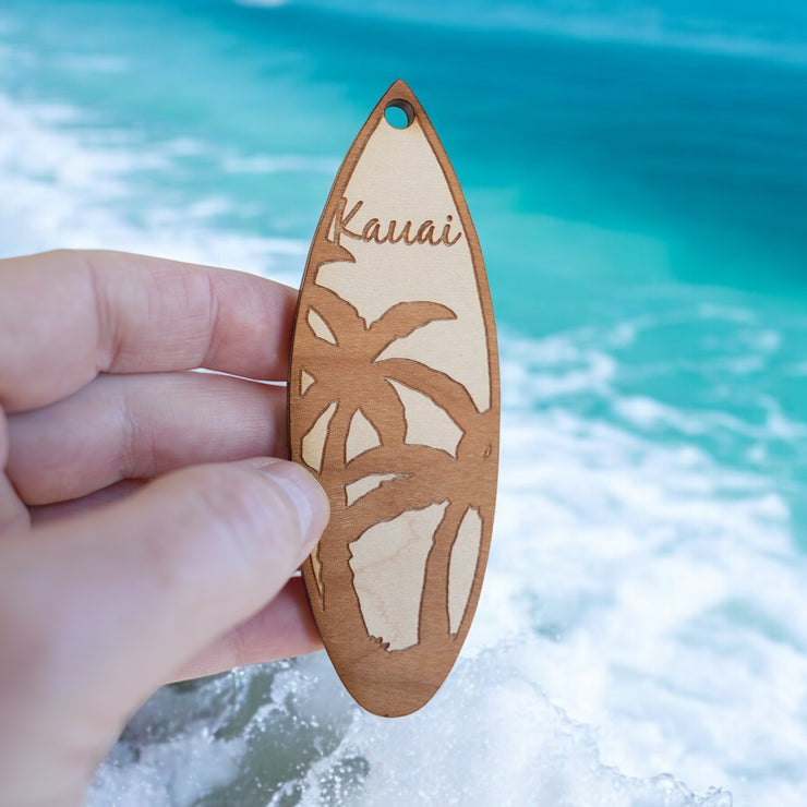 Ornament - Kauai Palm Tree Surfboard - Raw Wood Maple