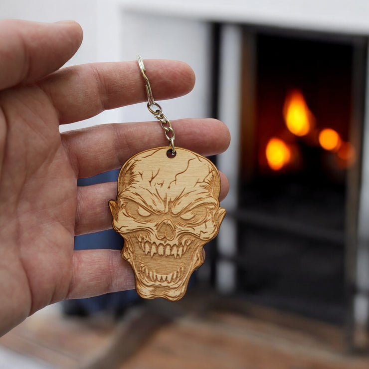 Keychain - Angry Skull - Birch wood