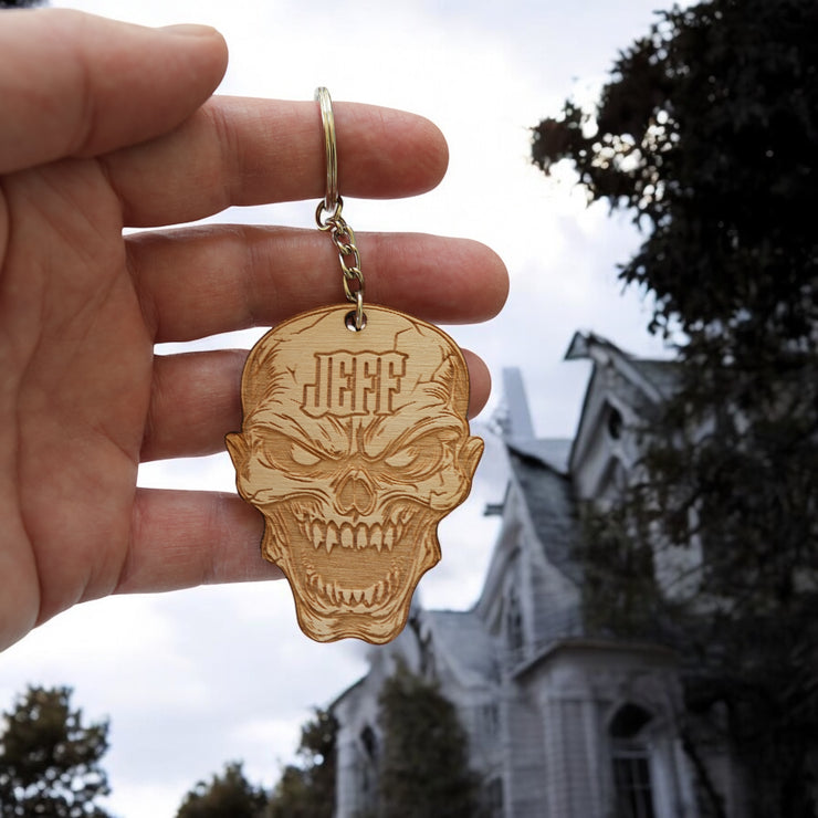 Keychain - PERSONALIZED Angry Skull - Birch wood