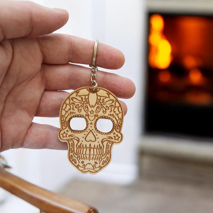 Keychain - Sugar Skull - Birch wood