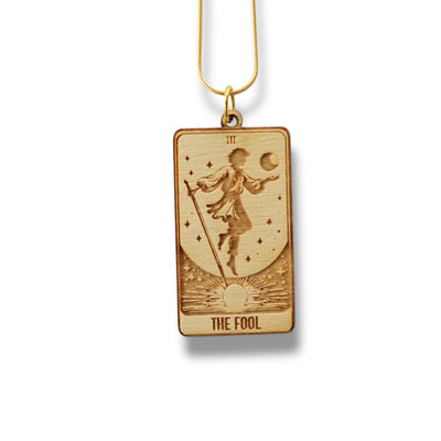 Necklace - The Fool Card - Snake and Cable Link chains - Birch wood