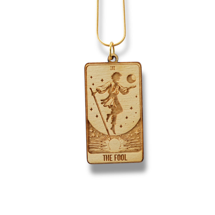 Necklace - The Fool Card - Snake and Cable Link chains - Birch wood