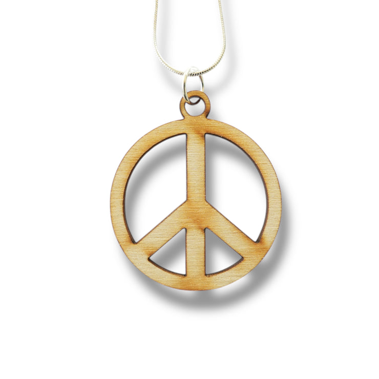 Necklace - Peace Symbol - Snake and Cable Link chains - Birch wood