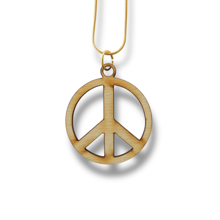 Necklace - Peace Symbol - Snake and Cable Link chains - Birch wood