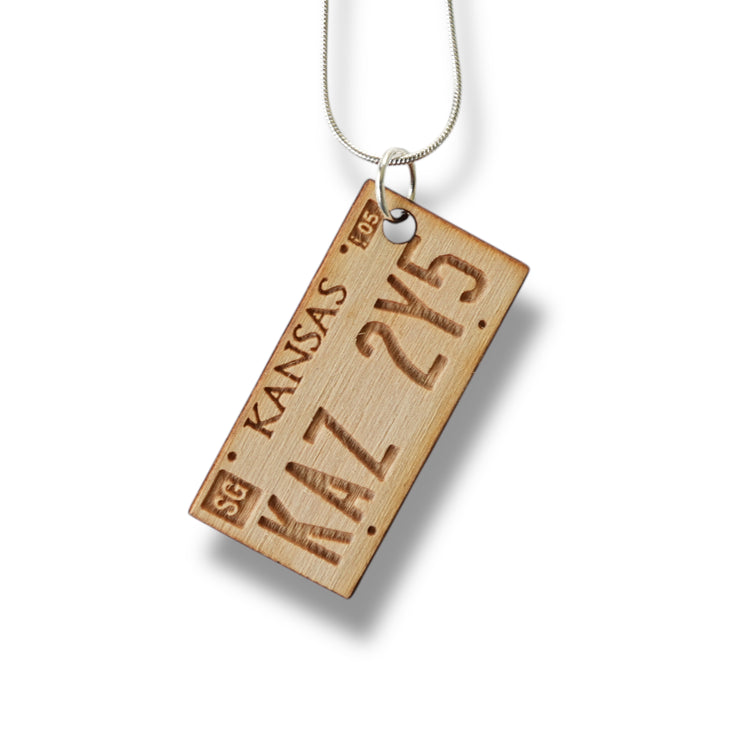 Necklace - Kansas License Plate - Key of Life Snake and Cable Link chains - Birch Wood