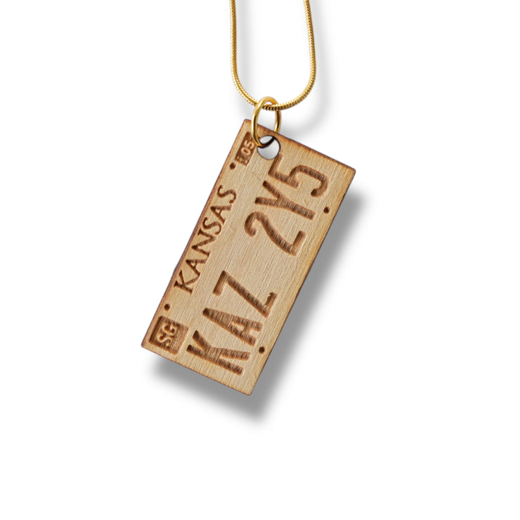 Necklace - Kansas License Plate - Key of Life Snake and Cable Link chains - Birch Wood