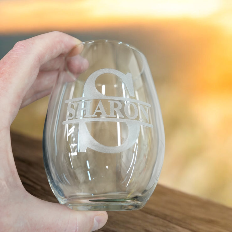 15oz PERSONALIZED Set - Stemless Wine Glass + Coaster - Split letter monogram