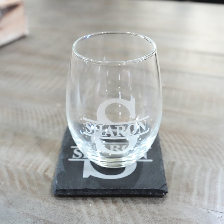 15oz PERSONALIZED Set - Stemless Wine Glass + Coaster - Split letter monogram