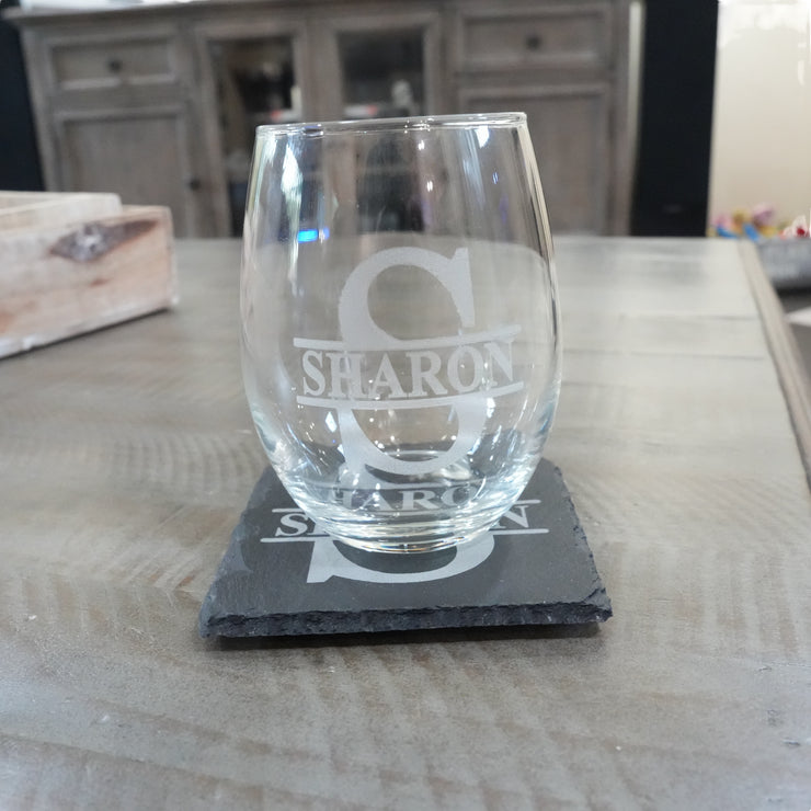 15oz PERSONALIZED Set - Stemless Wine Glass + Coaster - Split letter monogram