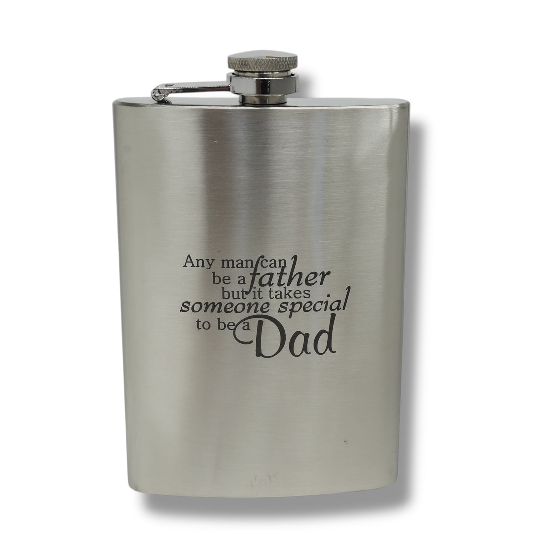 HipFlaskPlus 8oz stainless steel hip flask engraved with Any Man Can Be a Father