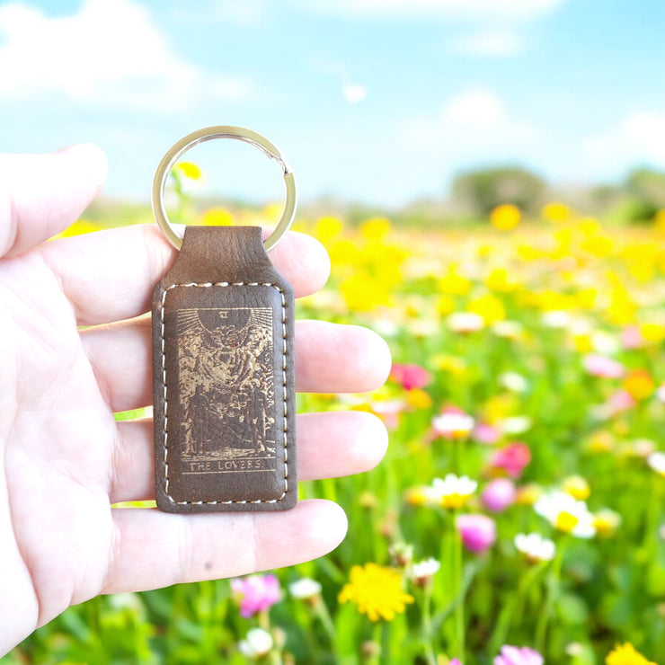 Keychain - Rectangle - The Lovers Tarot Card - Leather