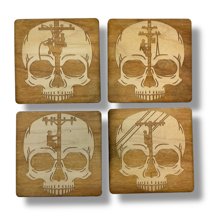Lineman Skulls Coaster Set of 4 Raw Wood