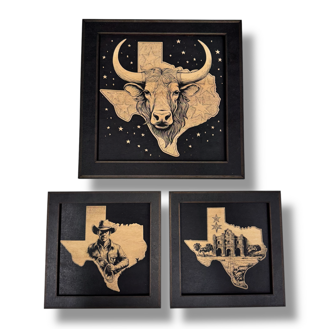 HipFlaskPlus Texas engraved wood wall art set of 3 pictures in black frames