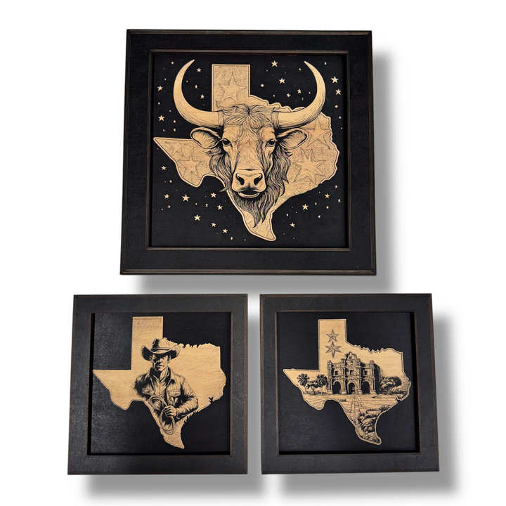 HipFlaskPlus Texas engraved wood wall art set of 3 pictures in black frames