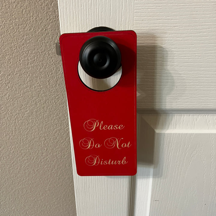 HipFlaskPlus red Please Do Not Disturb wood door hanger on a door handle