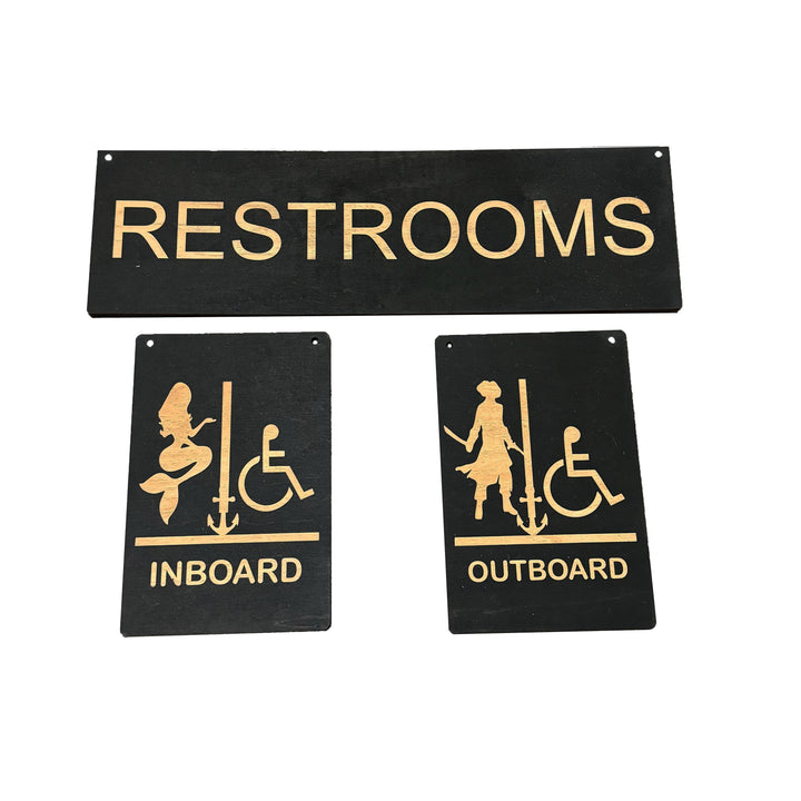 HipFlaskPlus Restrooms Inboard and Outboard black wood signs