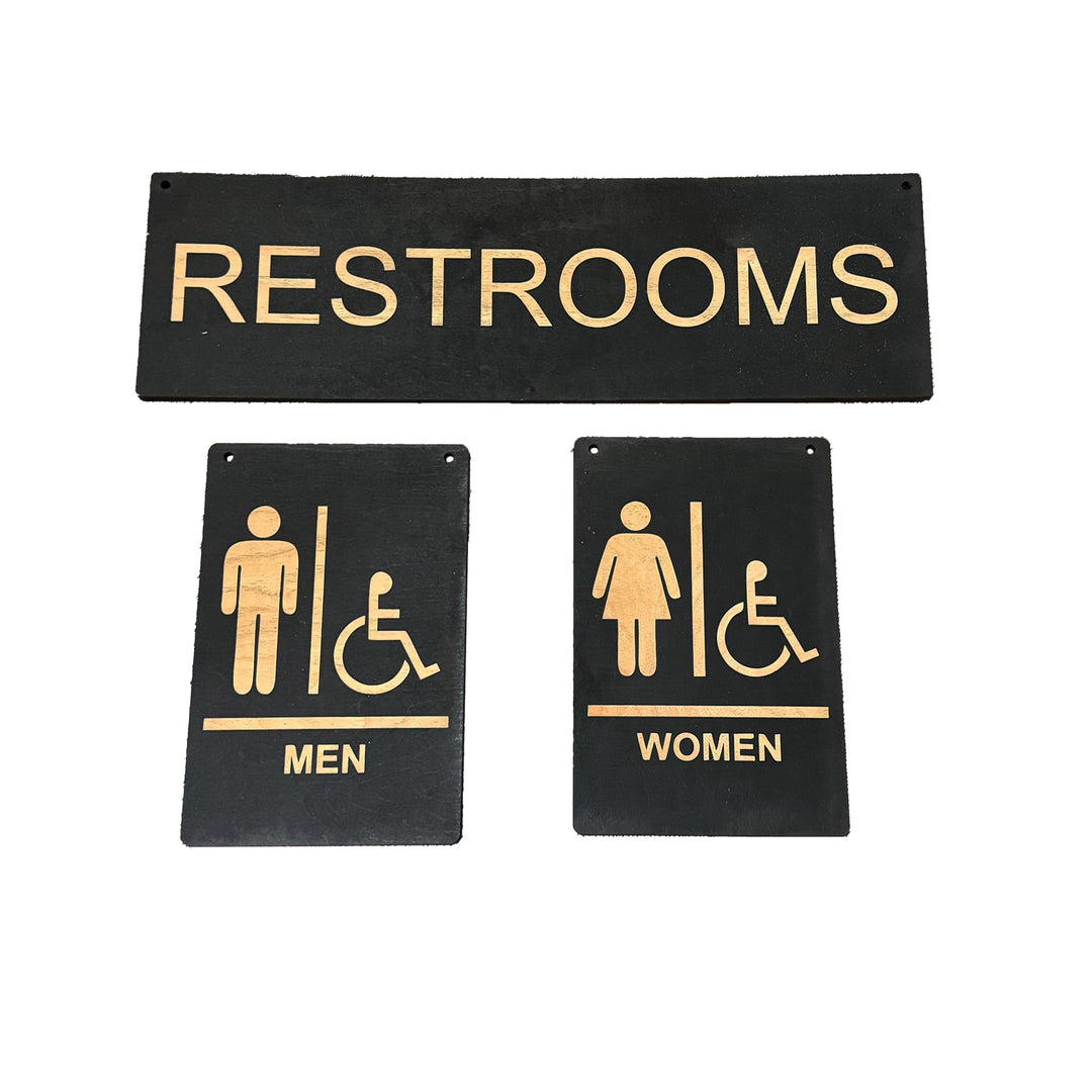 HipFlaskPlus Restrooms Men and Women black wood signs