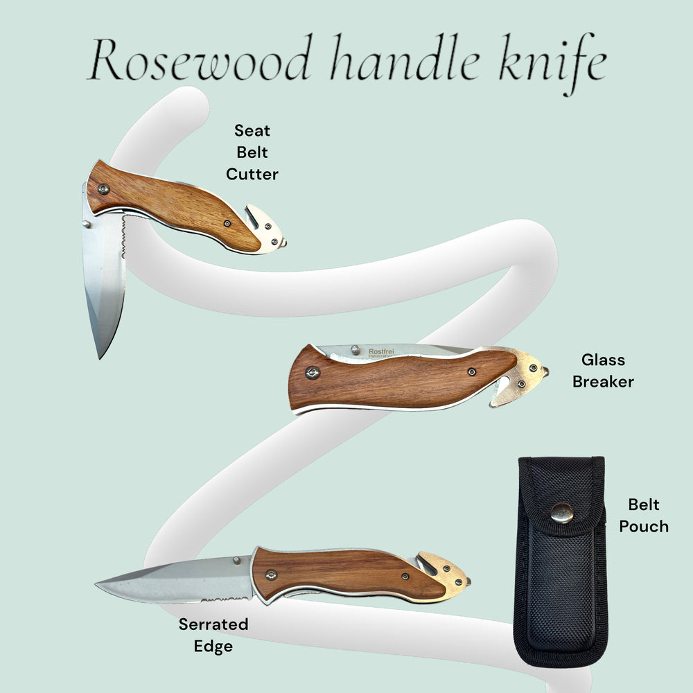 HipFlaskPlus rosewood handle knife features: seat belt cutter, glass breaker, serrated edge and belt pouch