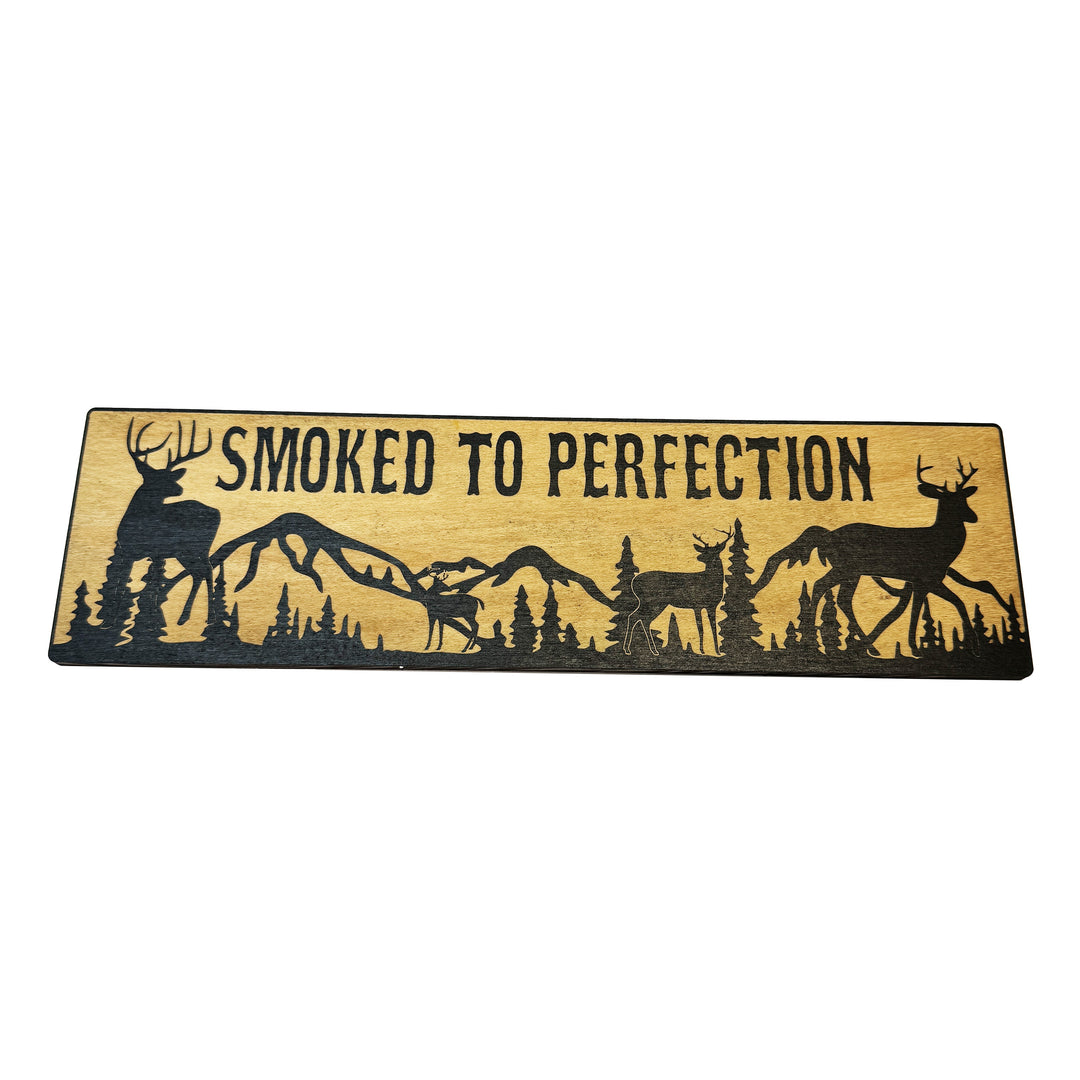 HipFlaskPlus Smoked to Perfection deer scene black and natural wood sign