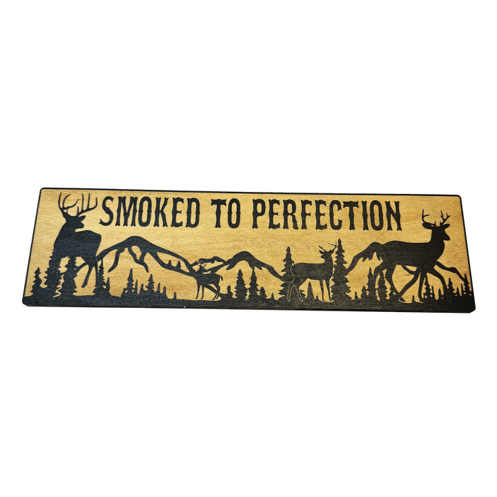 HipFlaskPlus Smoked to Perfection deer scene black and natural wood sign