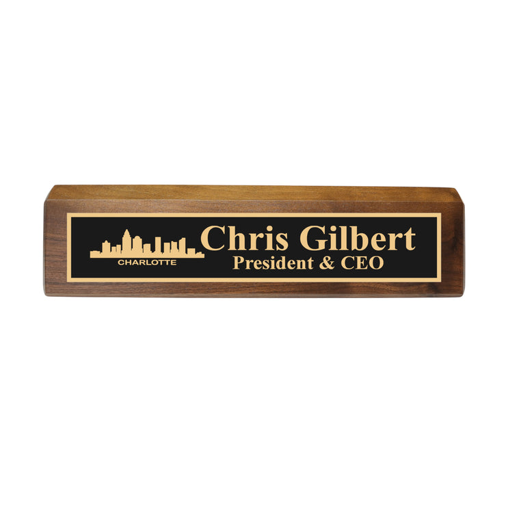 Desk Wedge Name Plate - PERSONALIZED - Charlotte NC Skyline - 11 Inches