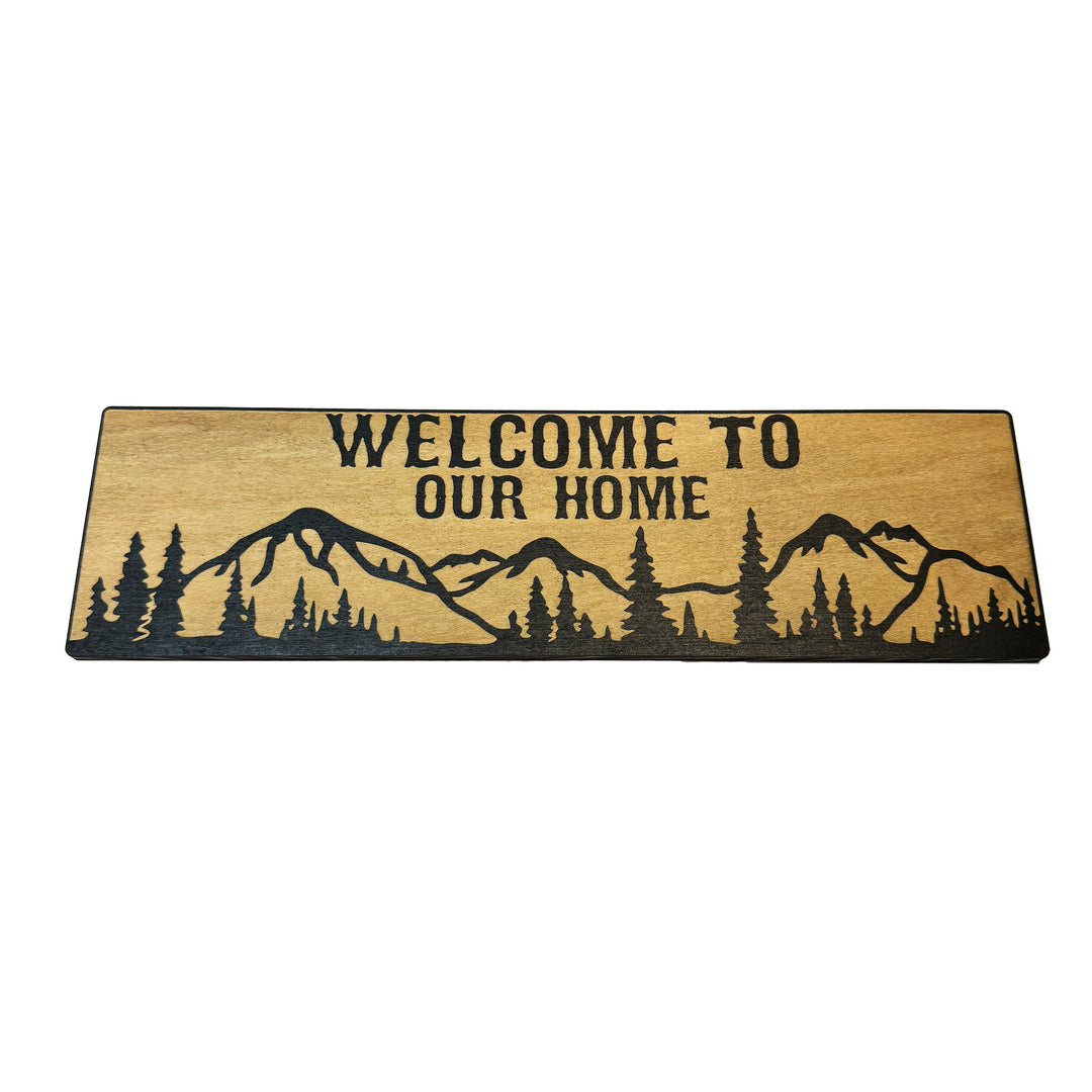 HipFlaskPlus Welcome to Our Home mountain scene black and natural wood sign