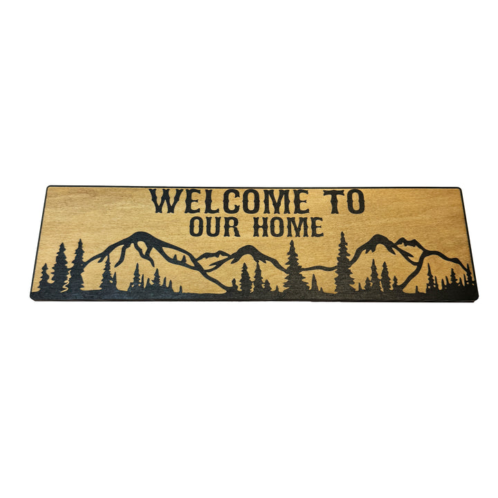 HipFlaskPlus Welcome to Our Home mountain scene black and natural wood sign
