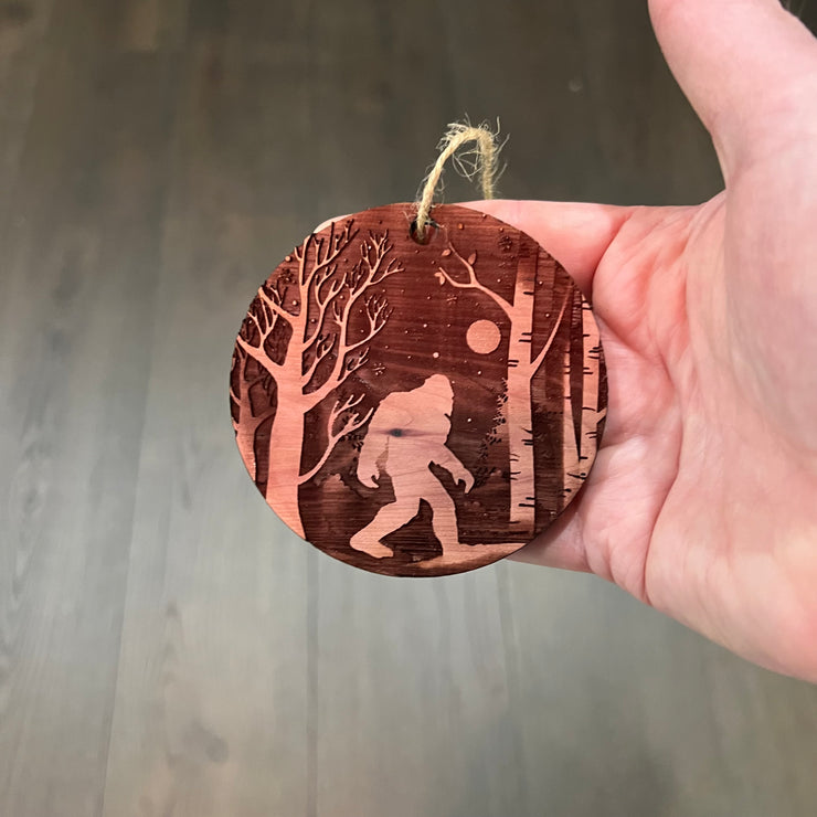 Winter Sasquatch Bigfoot - Raw Cedar Ornament 3x3in