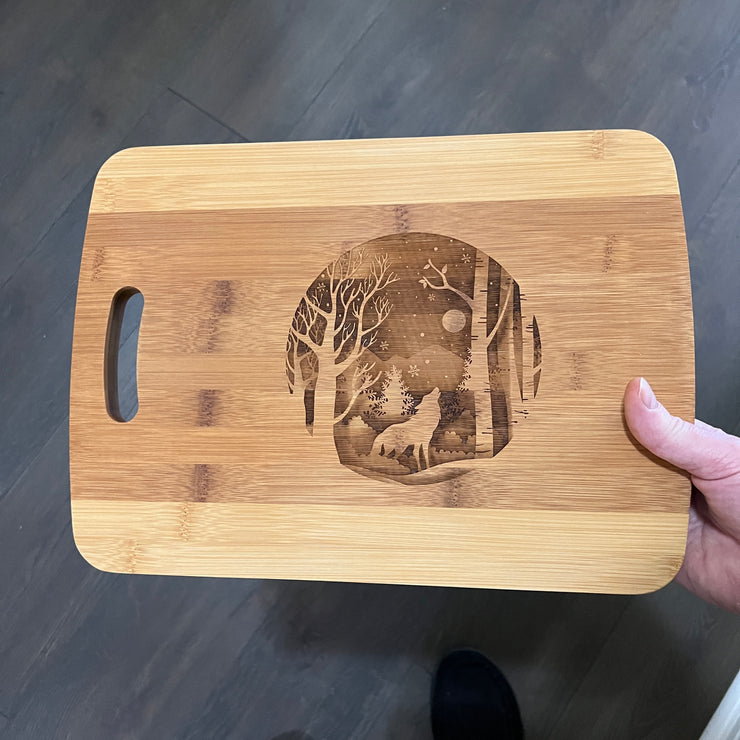 Winter Wolf Cutting Board 14''x9.5''x.5'' Bamboo