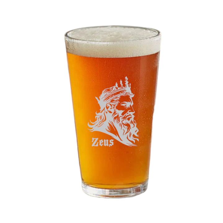 HipFlaskPlus 16oz pint beer glass filled with beer engraved with Zeus God of Thunder
