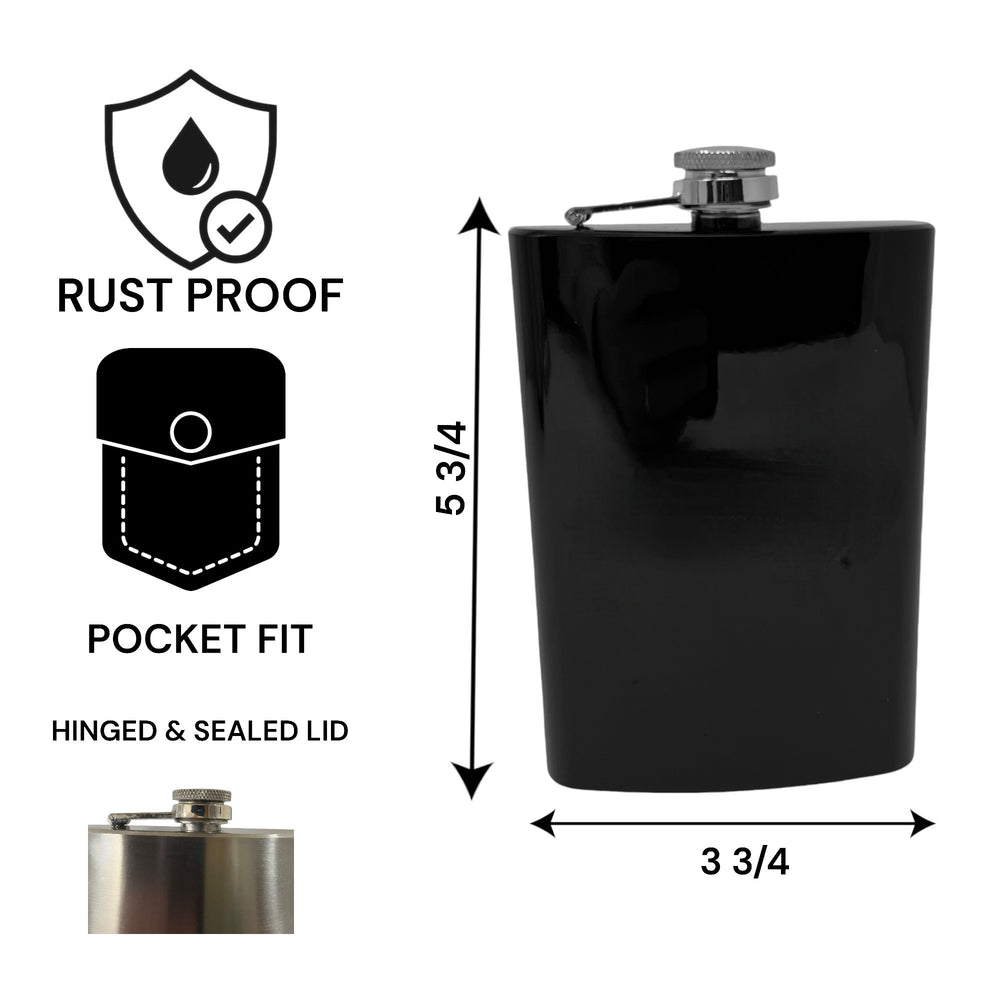 HipFlaskPlus 8oz black stainless steel hip flask showing rust proof features and size