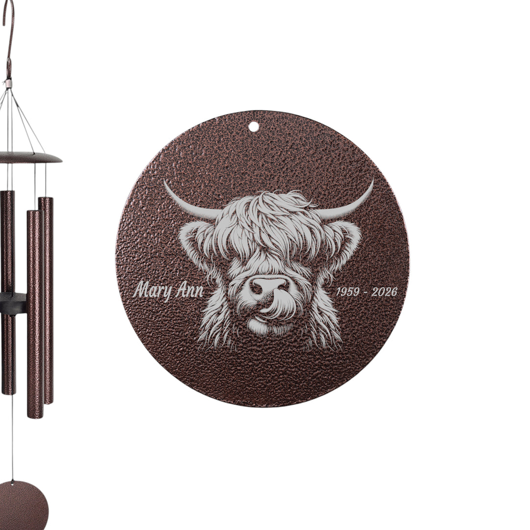 HipFlaskPlus personalized Highland Cow copper powder coated wind chime showing where the personalized name is engraved