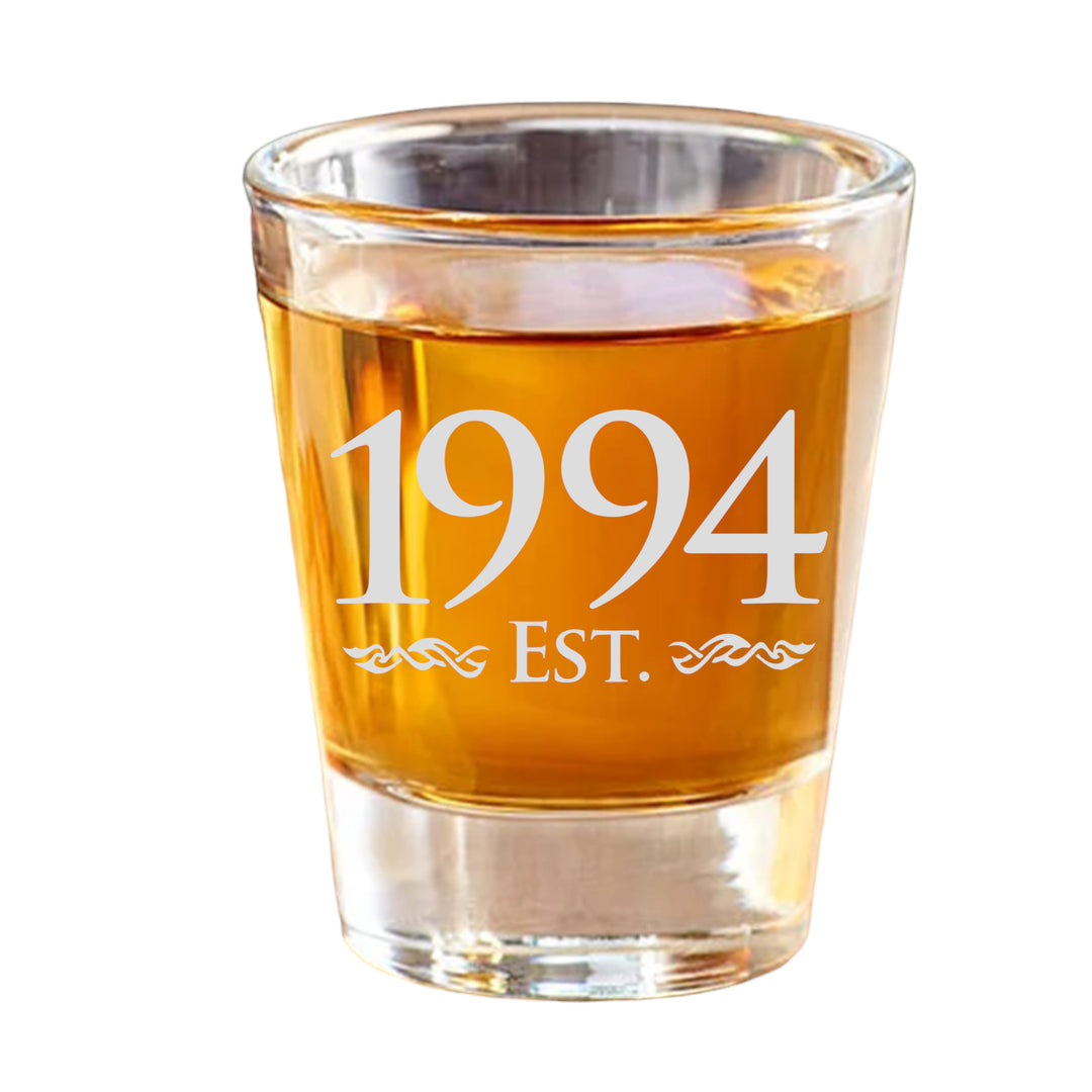 HipFlaskPlus 2oz shot glass filled with whiskey, engraved with Est. 1994