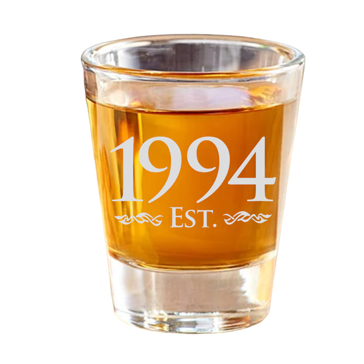 HipFlaskPlus 2oz shot glass filled with whiskey, engraved with Est. 1994