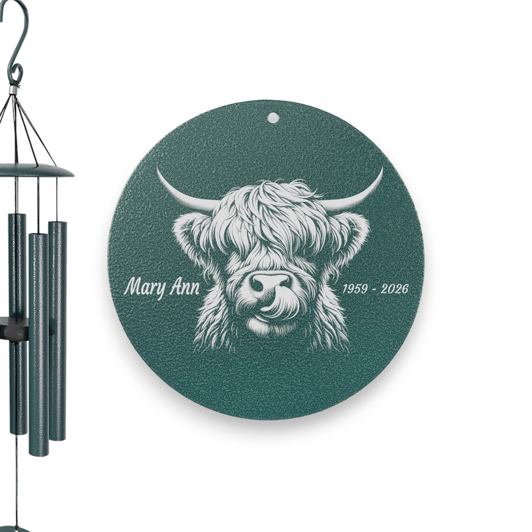 HipFlaskPlus personalized Highland Cow green powder coated wind chime