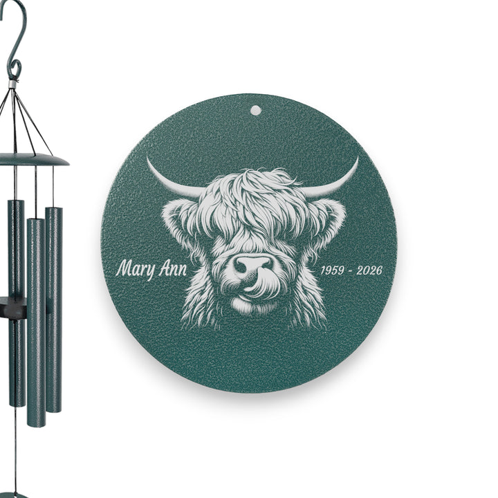 HipFlaskPlus personalized Highland Cow green powder coated wind chime