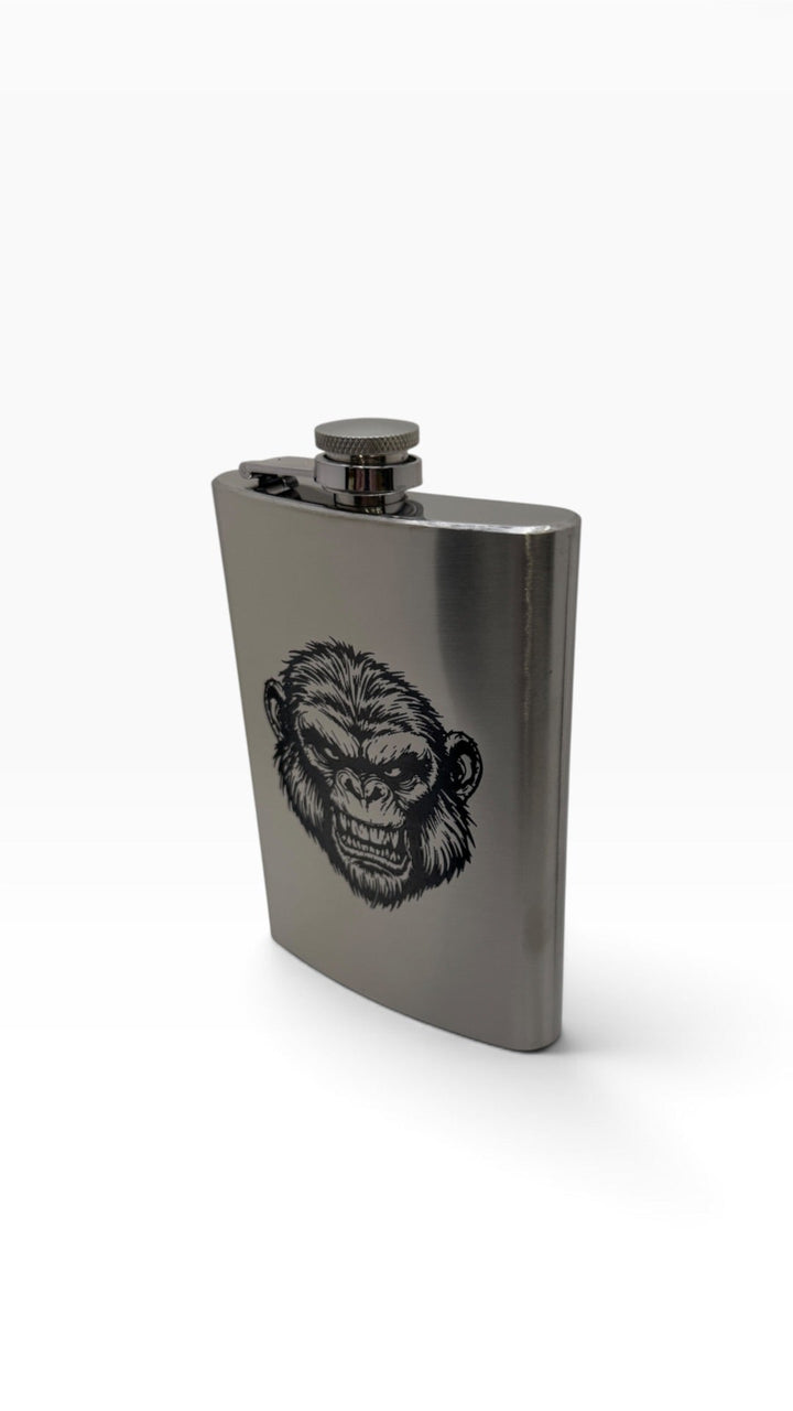 HipFlaskPlus 8oz stainless steel flask featuring a detailed Andy the Ape engraving and a secure hinged lid.