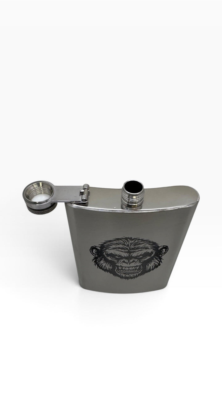 HipFlaskPlus 8oz stainless steel flask with Andy the Ape engraving and open hinged leak-proof lid