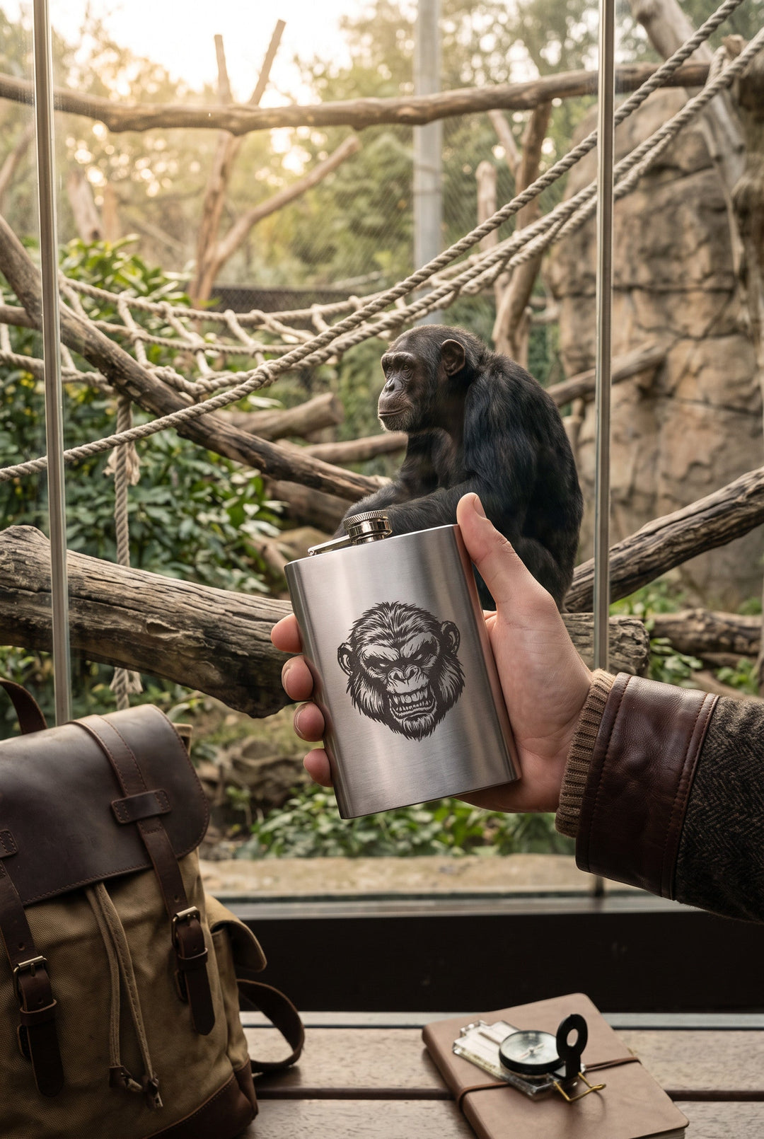 HipFlaskPlus 8oz stainless steel flask featuring an Andy the Ape engraving, held in hand at a zoo enclosure.