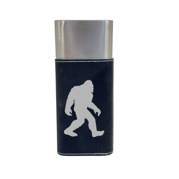 HipFlaskPlus black leatherette cigar case featuring a white Bigfoot Sasquatch silhouette and stainless steel top