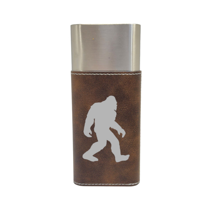 HipFlaskPlus brown leatherette cigar case featuring a white Bigfoot Sasquatch silhouette and stainless steel top