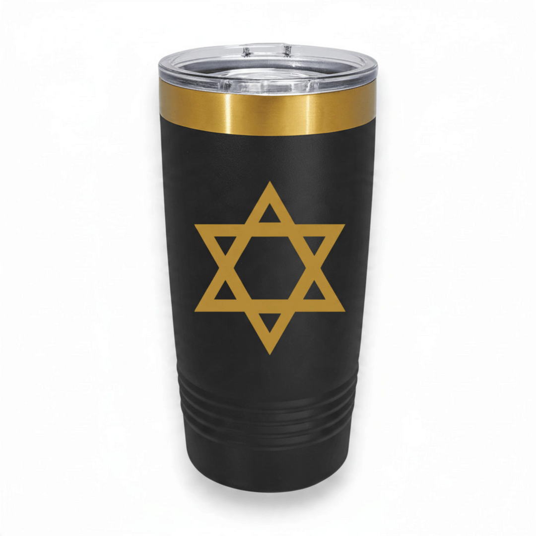 HipFlaskPlus 20oz stainless steel tumbler in black with a gold Star of David laser engraving and gold top band