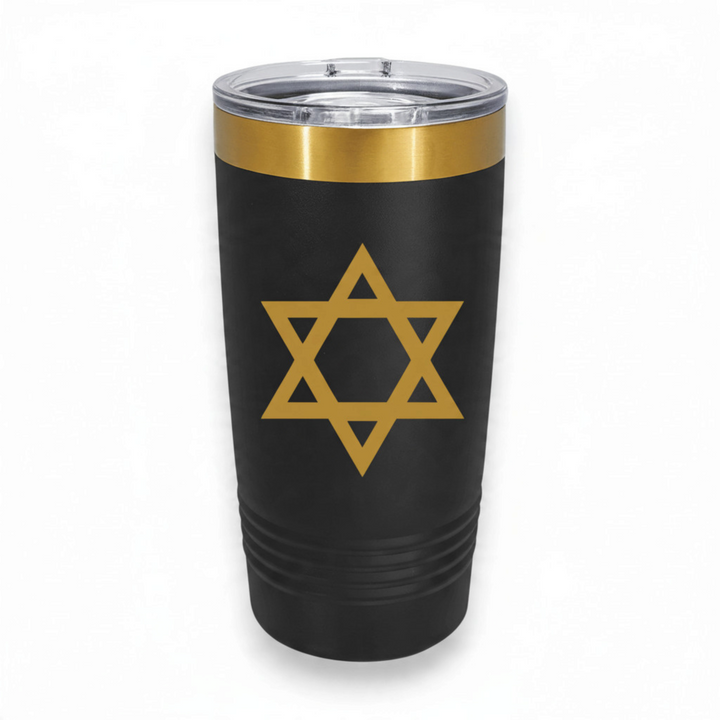 HipFlaskPlus 20oz stainless steel tumbler in black with a gold Star of David laser engraving and gold top band
