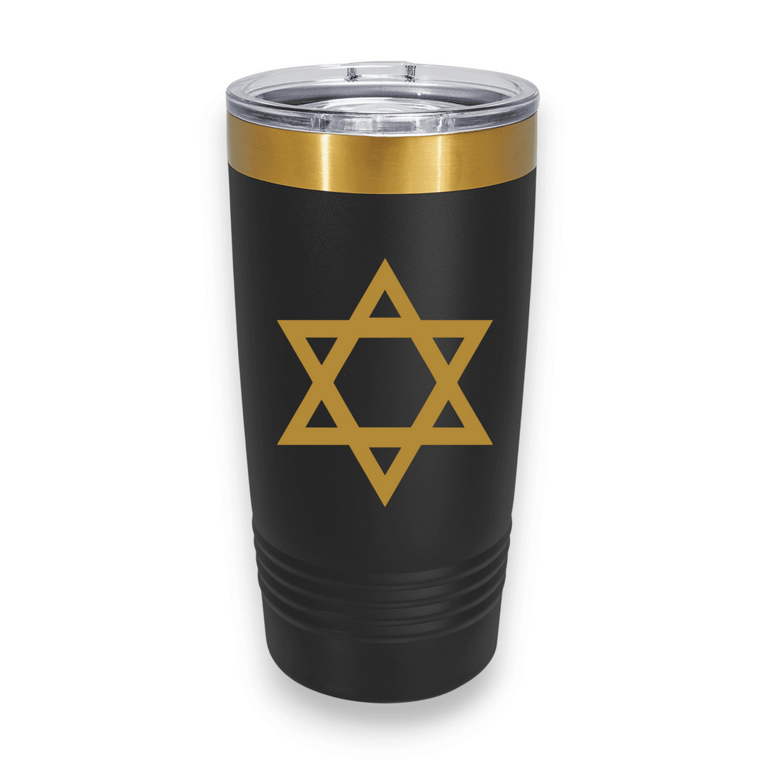 HipFlaskPlus 20oz stainless steel tumbler in black with a laser-engraved gold Star of David and gold top band.