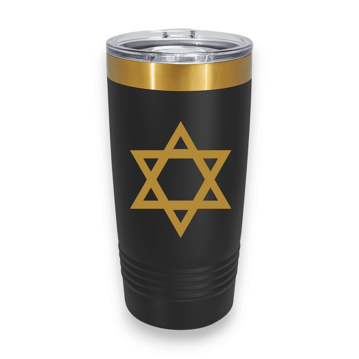 HipFlaskPlus 20oz stainless steel tumbler in black with a laser-engraved gold Star of David and gold top band.