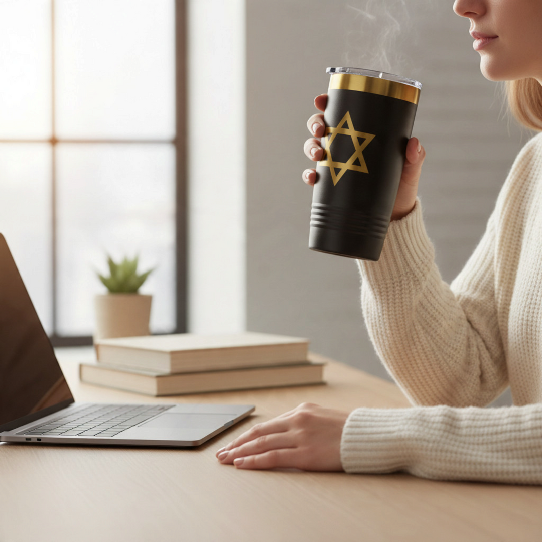 HipFlaskPlus 20oz black stainless steel tumbler with gold Star of David engraving held by a woman at a desk.