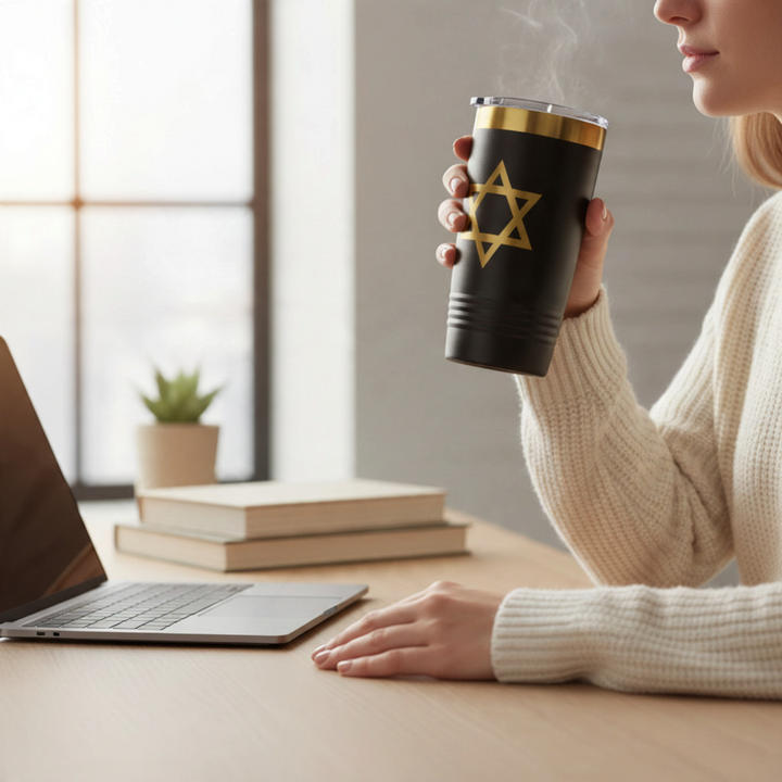 HipFlaskPlus 20oz black stainless steel tumbler with gold Star of David engraving held by a woman at a desk.