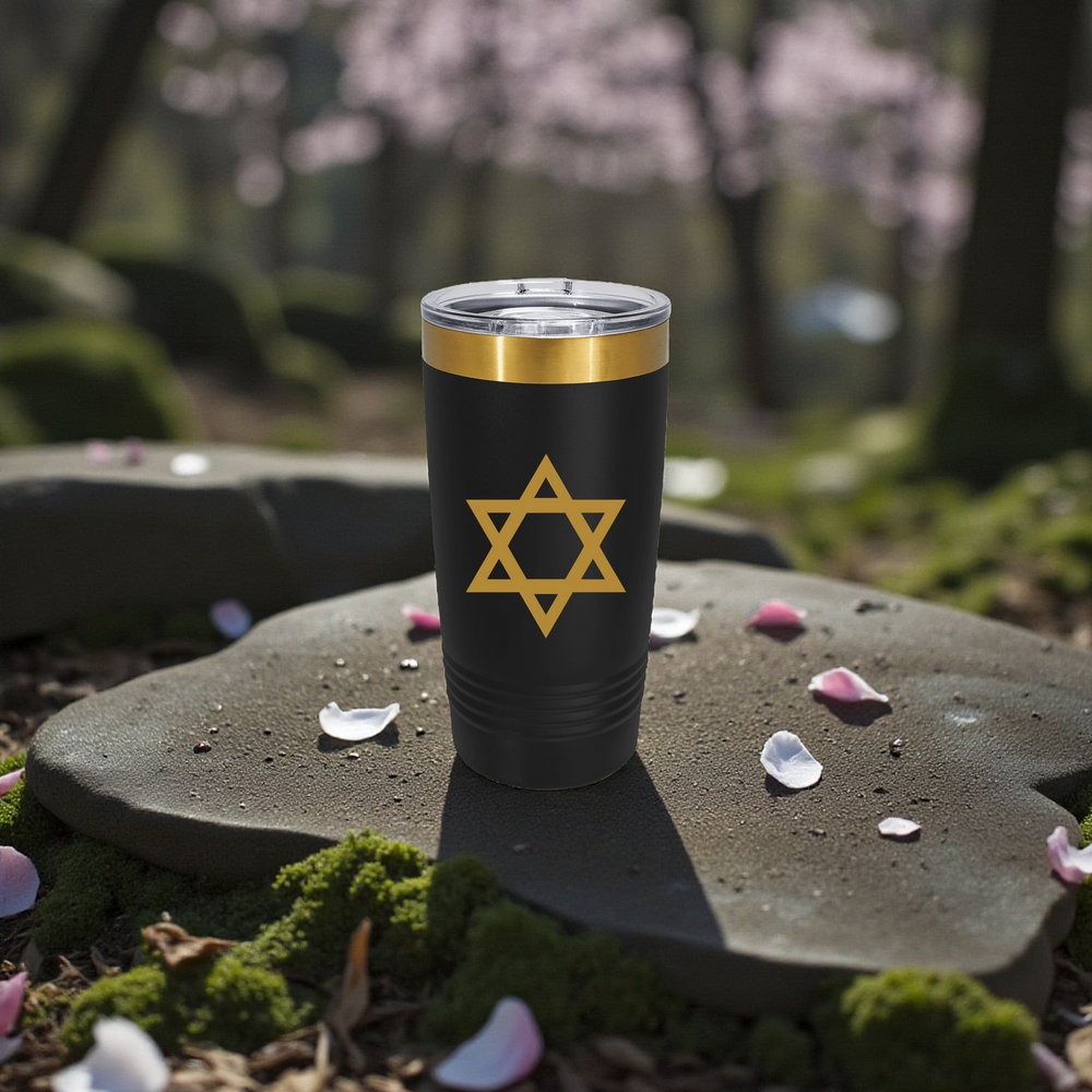 HipFlaskPlus 20oz black stainless steel tumbler with a laser-engraved gold Star of David and a bright gold top band.
